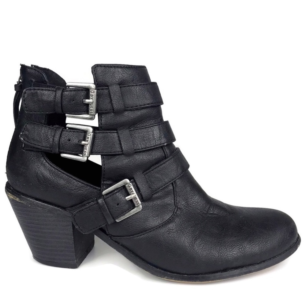 Guess Black Leather Cut Out Buckle Ankle Booties
